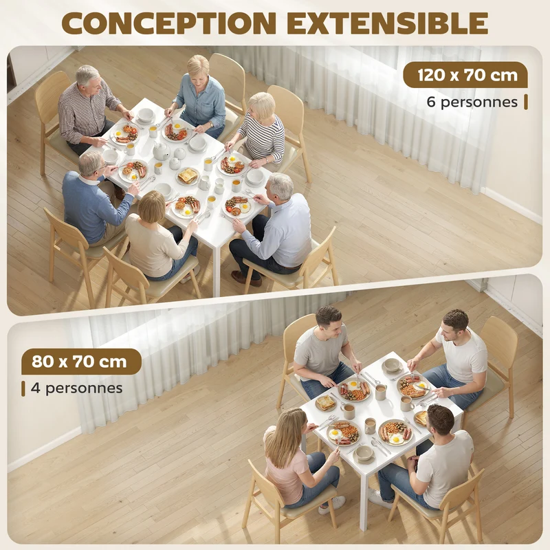Table à manger extensible pour 4-6 personnes 120 x 70 x 74 cm gain de place extension coulissante minimaliste en MDF blanc 21_0003353