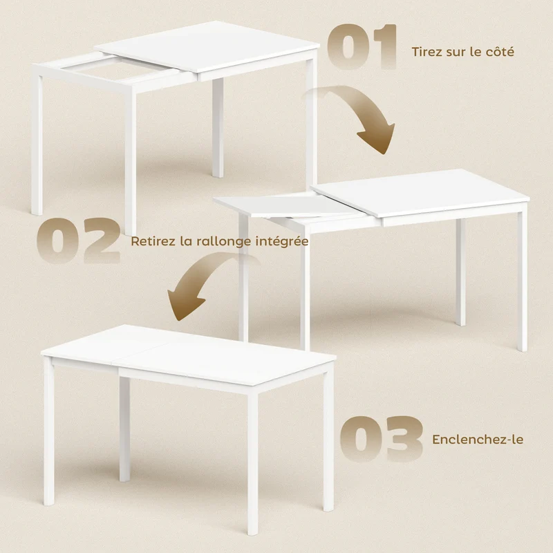 Table à manger extensible pour 4-6 personnes 120 x 70 x 74 cm gain de place extension coulissante minimaliste en MDF blanc 21_0003353