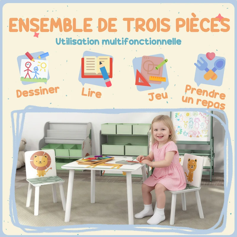 Table enfant avec 2 chaises 60 x 60 x 44 cm bords arrondis sécurité assise confortable scandinave décoratif en MDF vert 21_0000227
