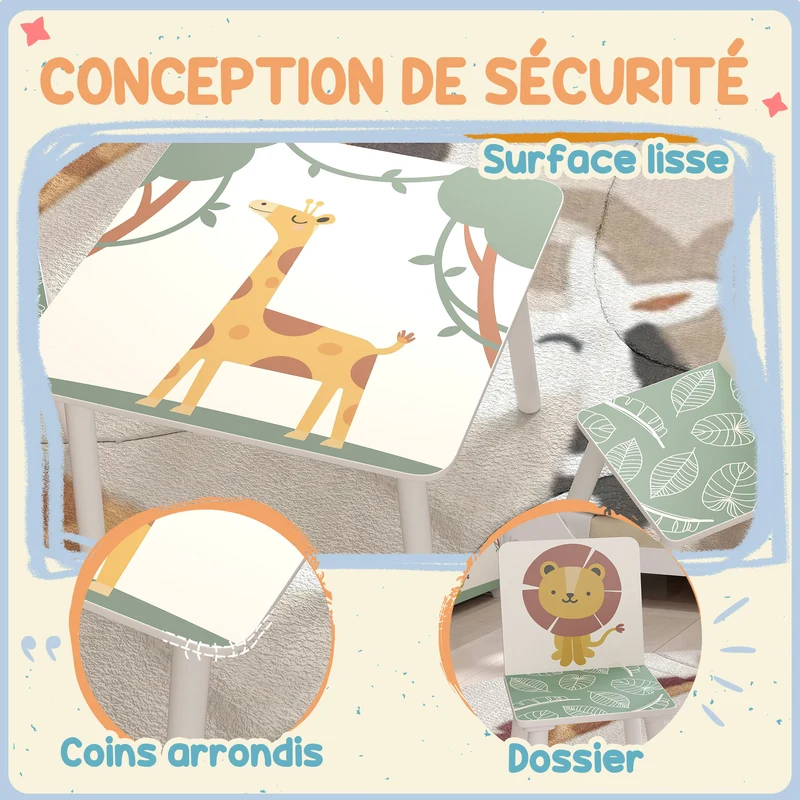 Table enfant avec 2 chaises 60 x 60 x 44 cm bords arrondis sécurité assise confortable scandinave décoratif en MDF vert 21_0000227
