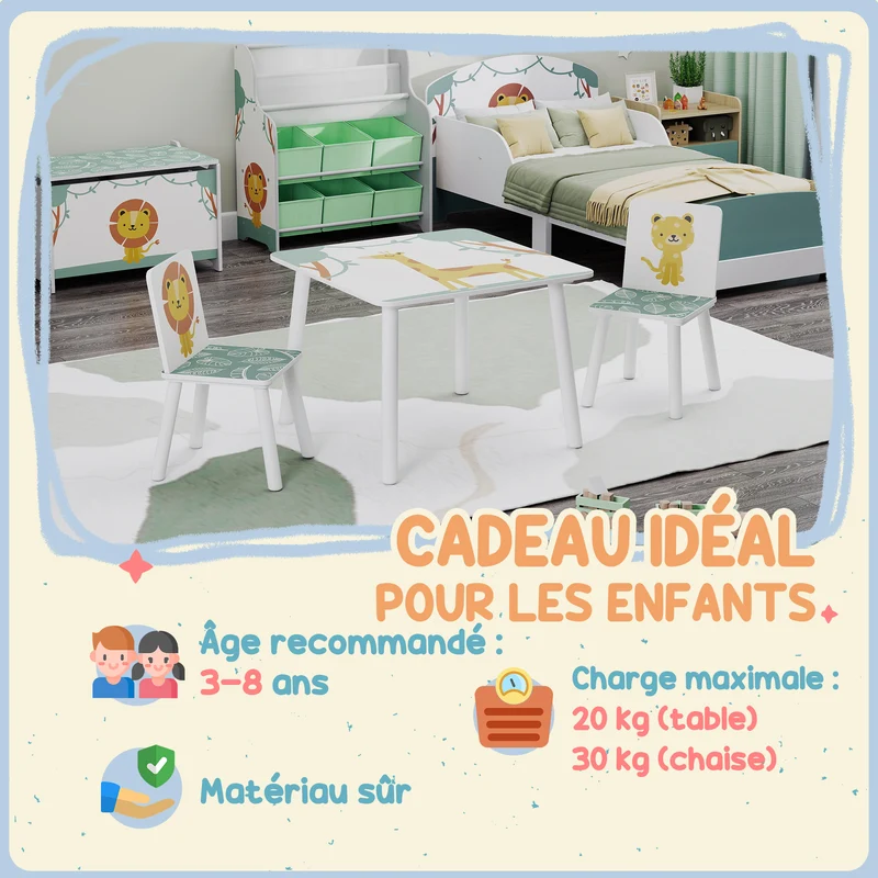 Table enfant avec 2 chaises 60 x 60 x 44 cm bords arrondis sécurité assise confortable scandinave décoratif en MDF vert 21_0000227
