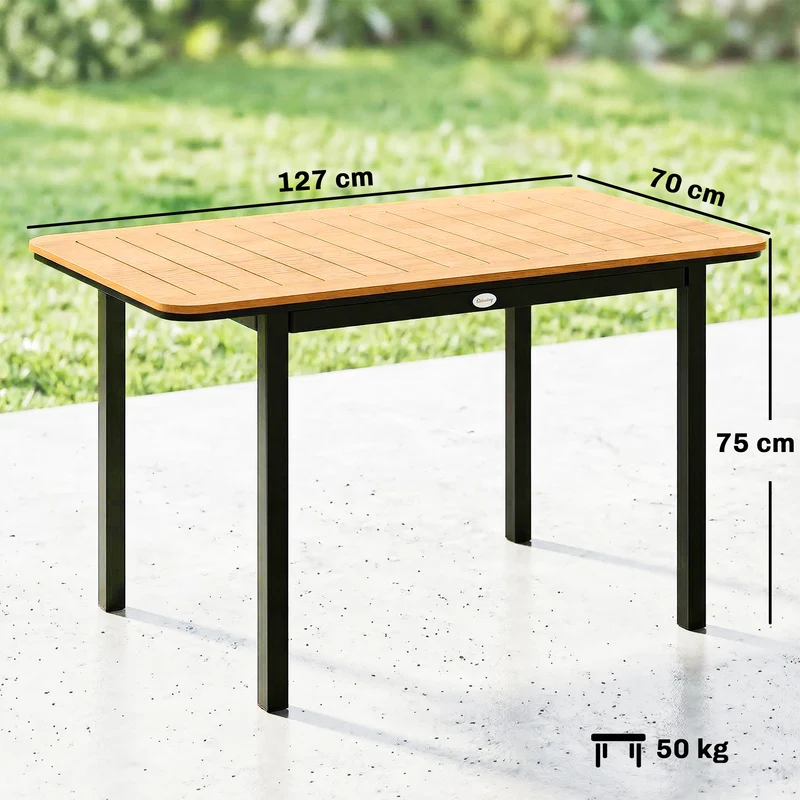 Table de jardin rectangulaire 127 x 70 x 75 cm pieds réglables résistant aux intempéries design en bois composite marron 21_0005366