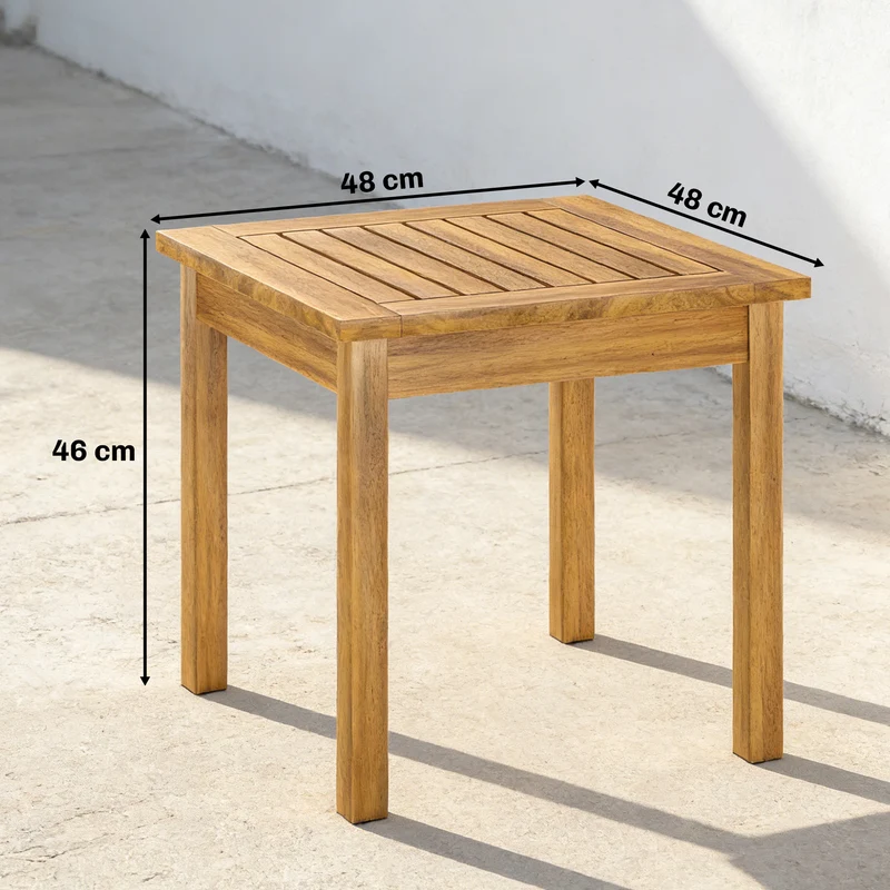 Table basse de jardin carrée 48 x 48 x 46 cm plateau à lattes pieds réglables extérieur rustique en bois d'acacia teck 21_0005345