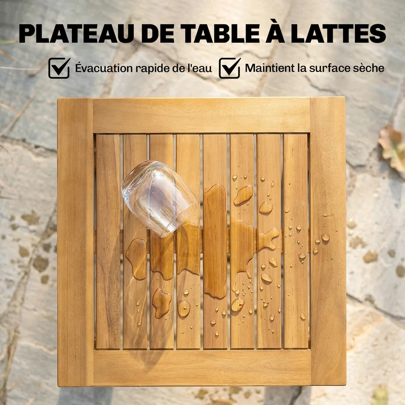 Table basse de jardin carrée 48 x 48 x 46 cm plateau à lattes pieds réglables extérieur rustique en bois d'acacia teck 21_0005345