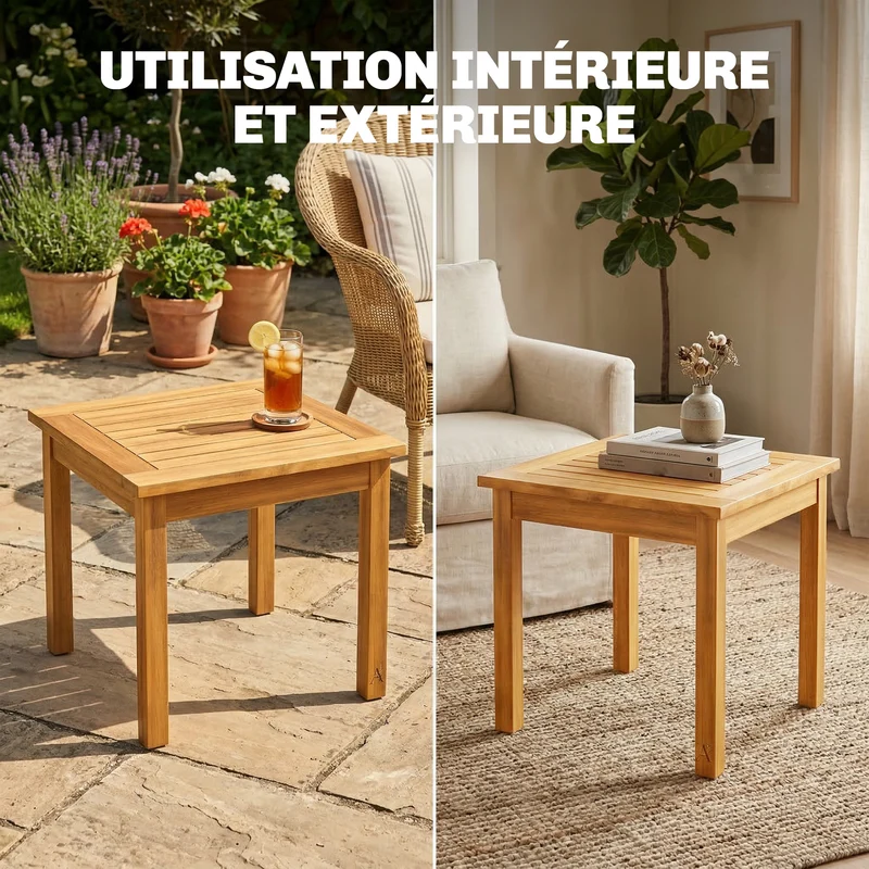 Table basse de jardin carrée 48 x 48 x 46 cm plateau à lattes pieds réglables extérieur rustique en bois d'acacia teck 21_0005345