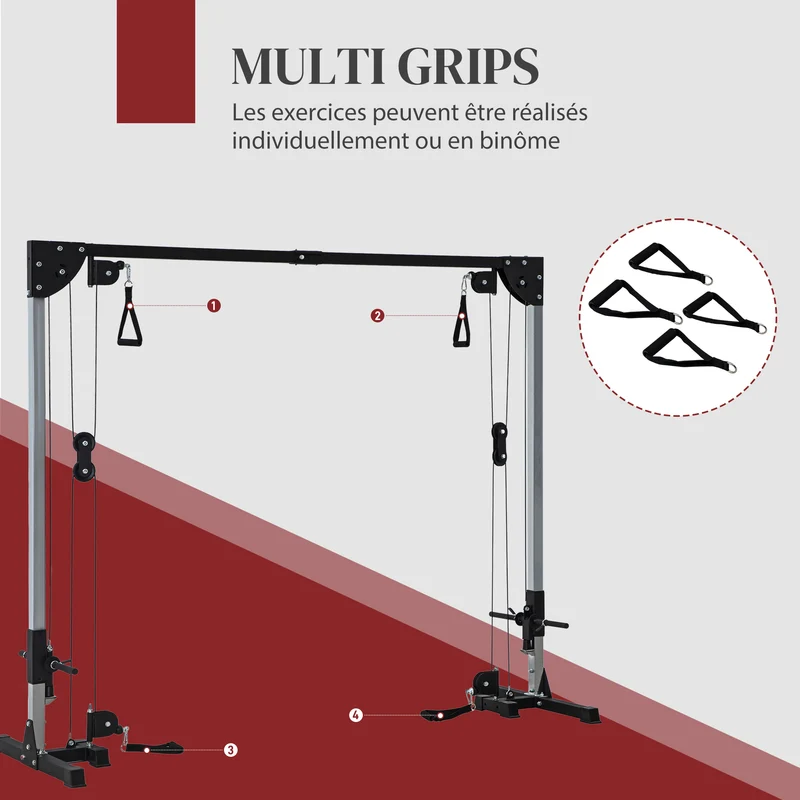 Station musculation double poulie vis à vis 245 x 85 x 207 cm 4 prises polyvalent charge 120 kg industriel en acier noir 21_0006828