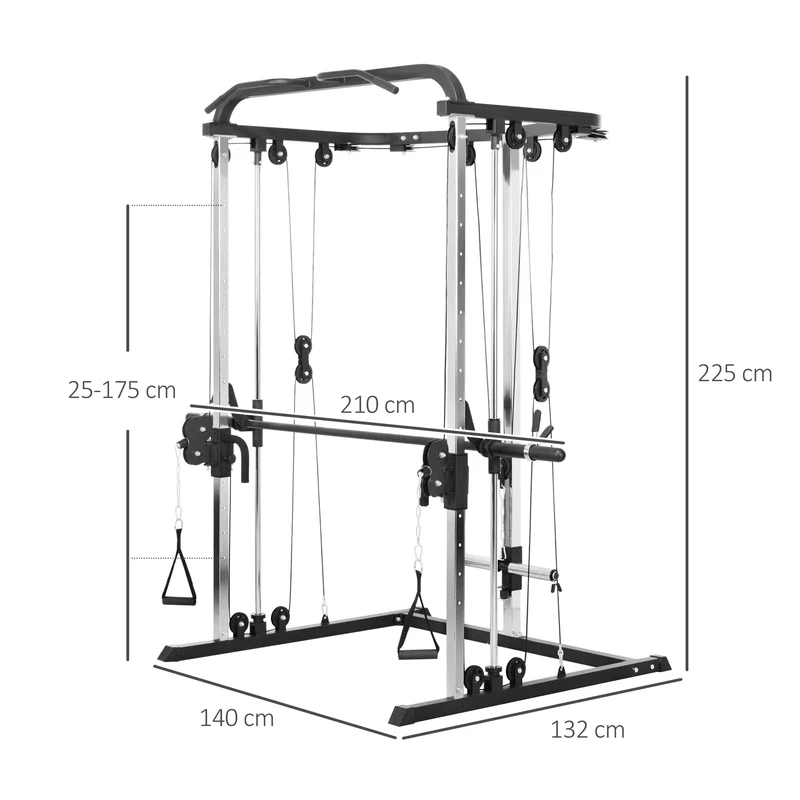 Station de musculation multifonction squat poulies et barre 210 x 132 x 225 cm réglable 120 kg moderne en acier noir 21_0006839