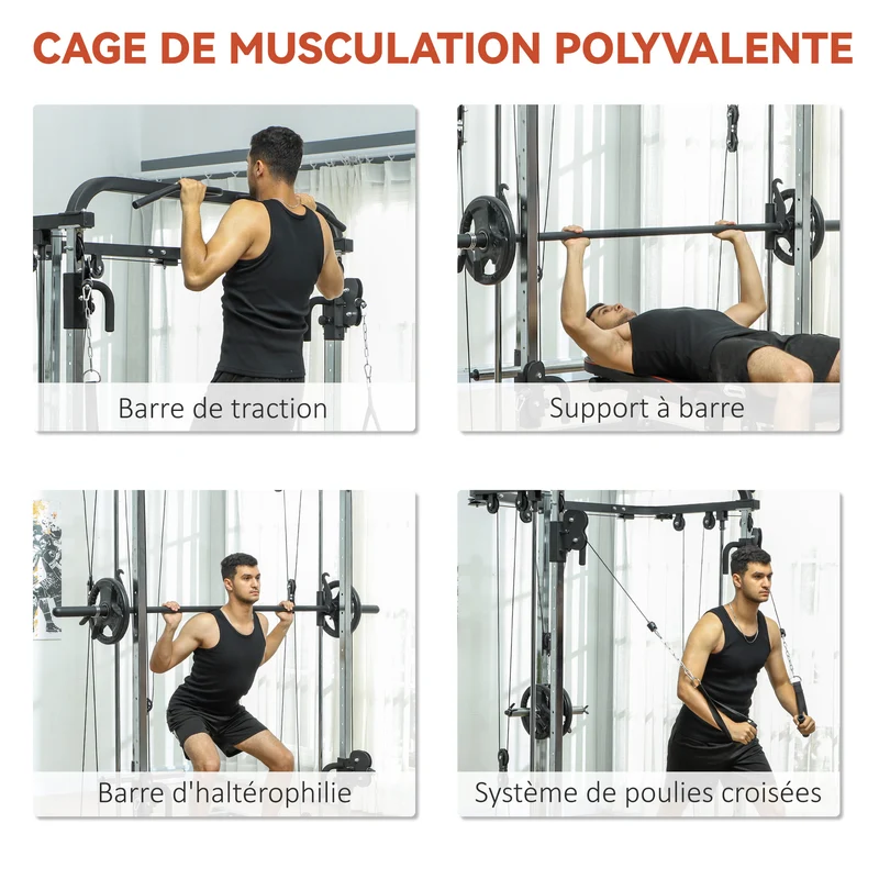 Station de musculation multifonction squat poulies et barre 210 x 132 x 225 cm réglable 120 kg moderne en acier noir 21_0006839