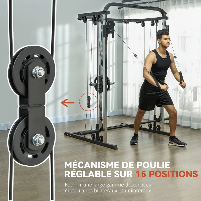 Station de musculation multifonction squat poulies et barre 210 x 132 x 225 cm réglable 120 kg moderne en acier noir 21_0006839