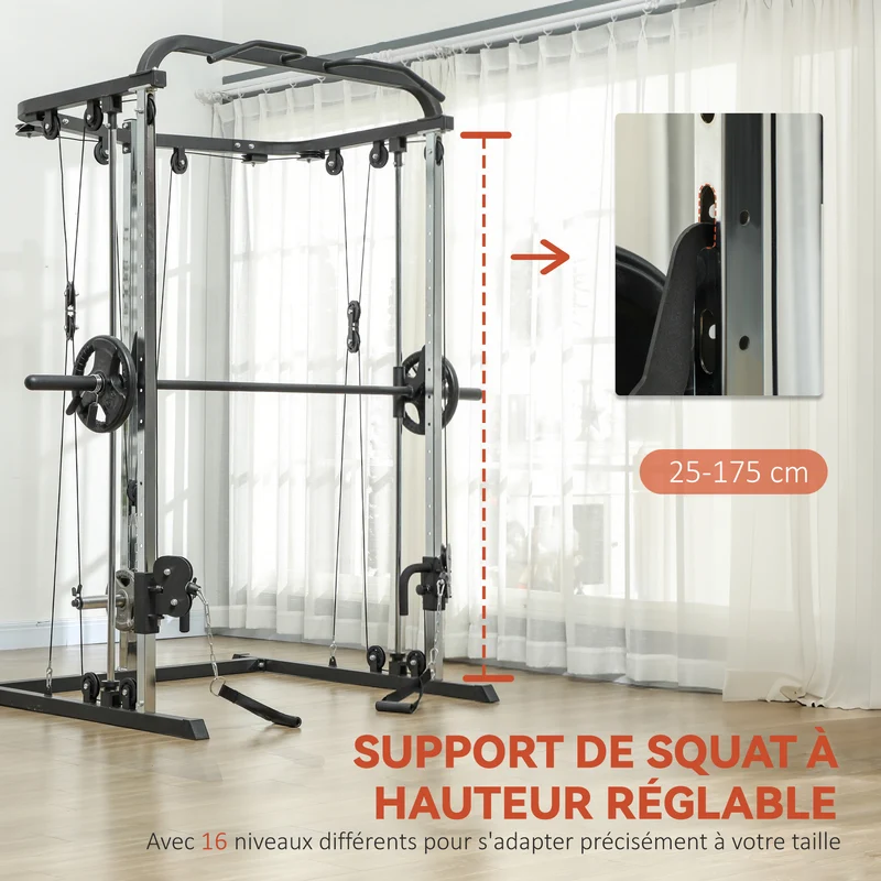 Station de musculation multifonction squat poulies et barre 210 x 132 x 225 cm réglable 120 kg moderne en acier noir 21_0006839
