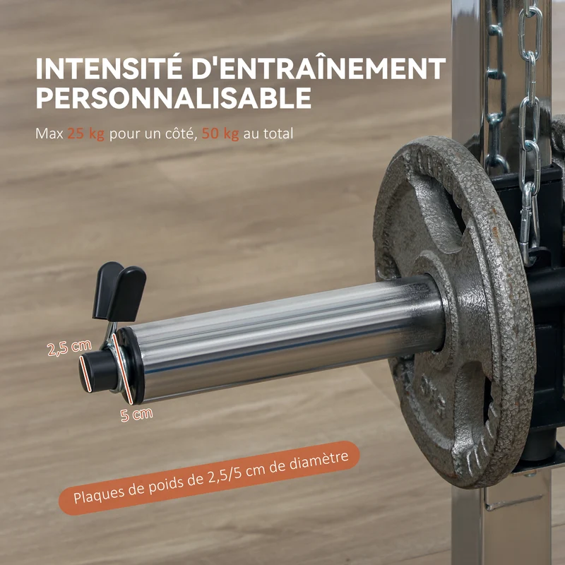 Station de musculation multifonction squat poulies et barre 210 x 132 x 225 cm réglable 120 kg moderne en acier noir 21_0006839