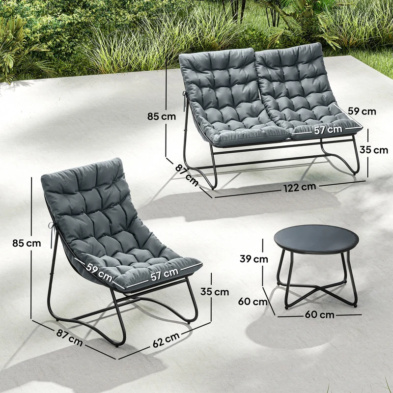 Salon de jardin 4 pièces canapé 122 x 87 x 85 cm coussins épais 8 cm confortable design contemporain en textilène gris 21_0005256