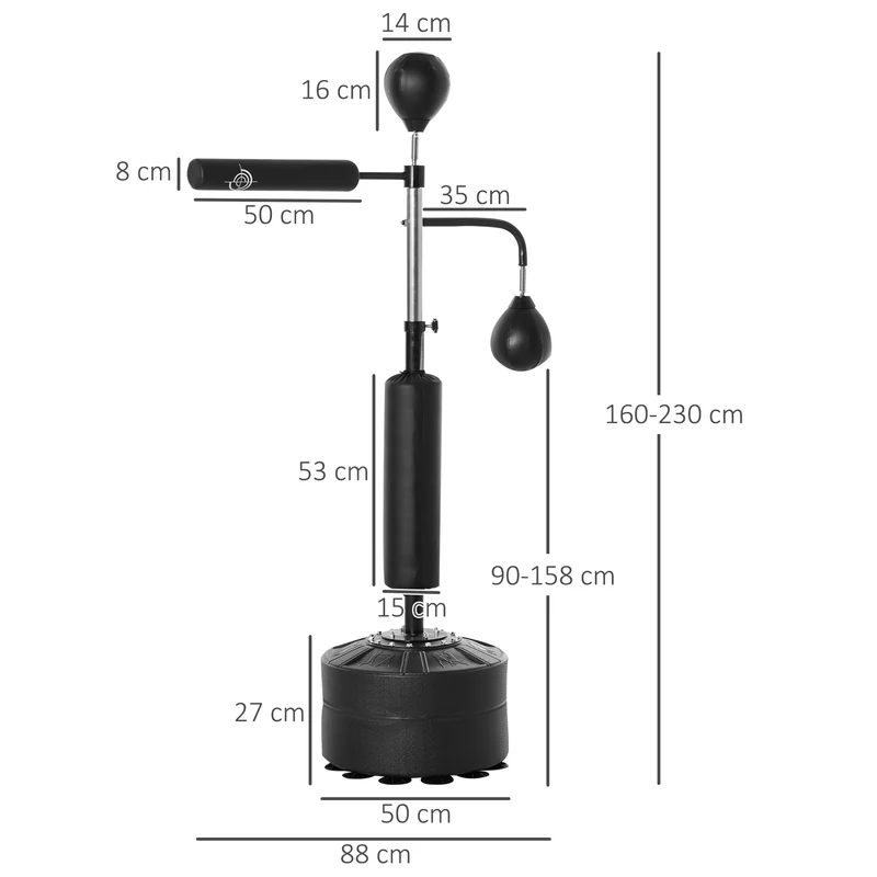 Sac de frappe sur pied 4 en 1 88 x 50 x 160-230 cm réglable base lestable ventouses design moderne en polyuréthane noir 21_0006784