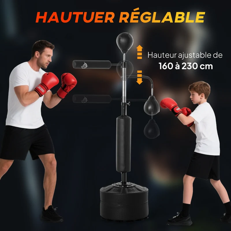 Sac de frappe sur pied 4 en 1 88 x 50 x 160-230 cm réglable base lestable ventouses design moderne en polyuréthane noir 21_0006784