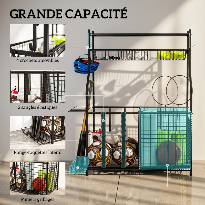 Rangement d'équipements de sport 92 x 42 x 109 cm crochets amovibles paniers ajustables moderne industriel en métal noir 21_0006421