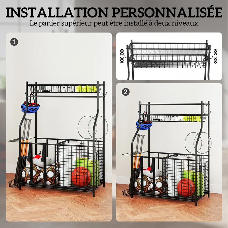 Rangement d'équipements de sport 92 x 42 x 109 cm crochets amovibles paniers ajustables moderne industriel en métal noir 21_0006421