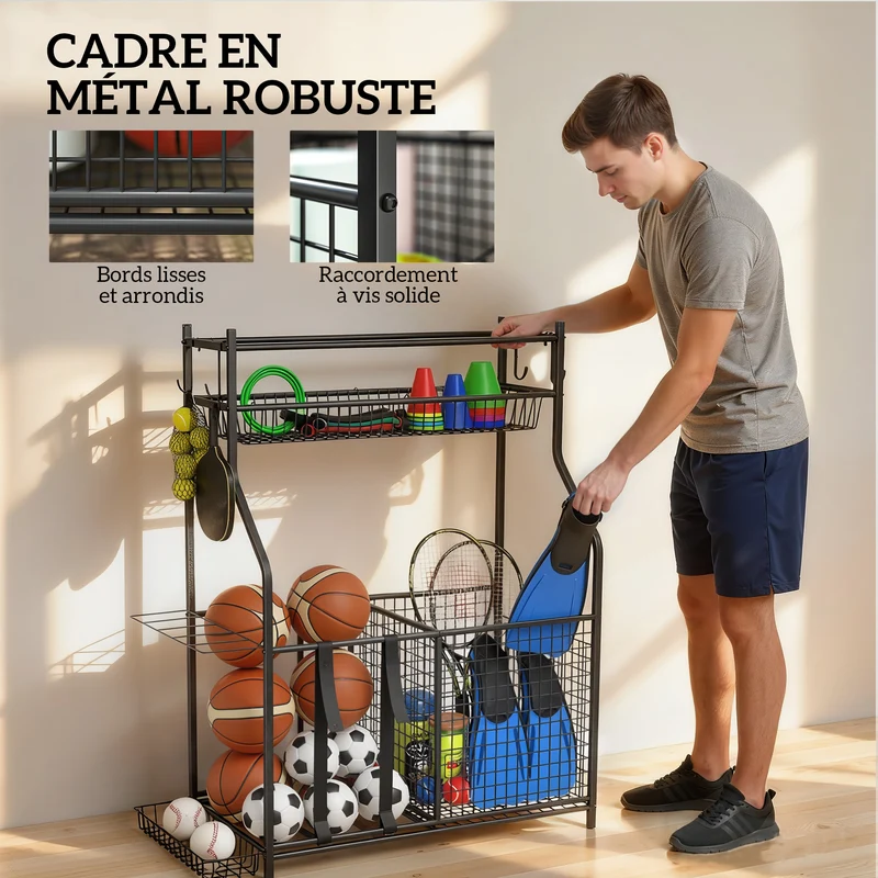 Rangement d'équipements de sport 92 x 42 x 109 cm crochets amovibles paniers ajustables moderne industriel en métal noir 21_0006421