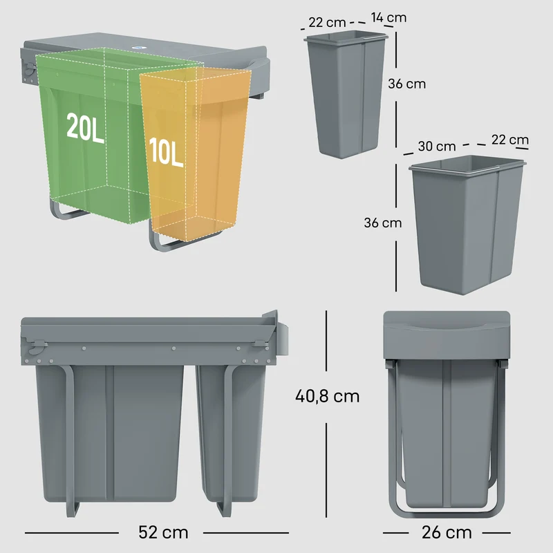 Poubelle coulissante sous évier 52 x 26 x 40.8 cm tri 2 compartiments gain de place moderne épuré en plastique gris 21_0005948