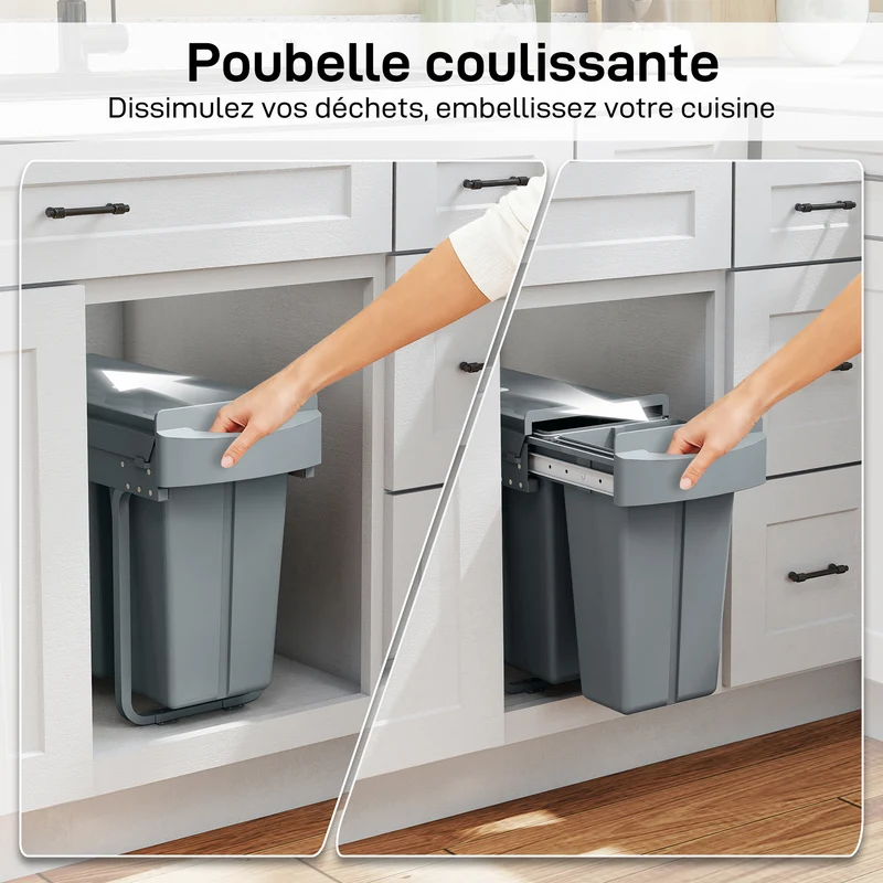 Poubelle coulissante sous évier 52 x 26 x 40.8 cm tri 2 compartiments gain de place moderne épuré en plastique gris 21_0005948