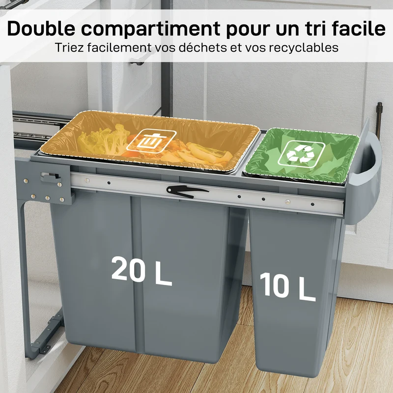 Poubelle coulissante sous évier 52 x 26 x 40.8 cm tri 2 compartiments gain de place moderne épuré en plastique gris 21_0005948