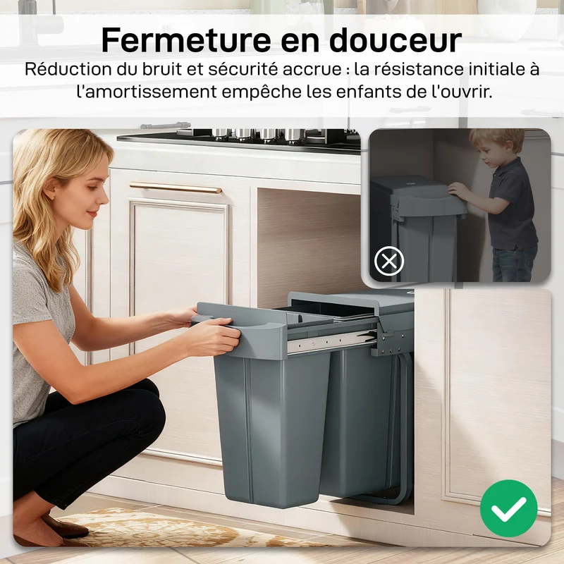Poubelle coulissante sous évier 52 x 26 x 40.8 cm tri 2 compartiments gain de place moderne épuré en plastique gris 21_0005948