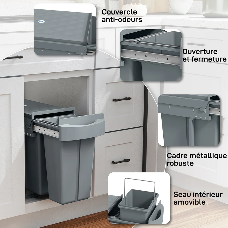 Poubelle coulissante sous évier 52 x 26 x 40.8 cm tri 2 compartiments gain de place moderne épuré en plastique gris 21_0005948