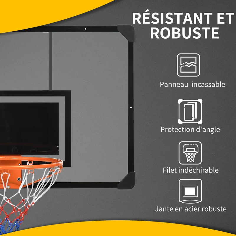 Panier de basket mural 113 x 61 x 73 cm hauteur réglable et panneau incassable industriel contemporain en acier noir 21_0006612