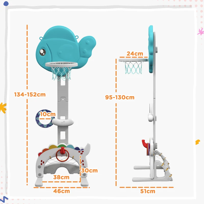 Panier de basket 5 en 1 pour enfant réglable 46 x 51 x 134-152 cm stabilité sable jeu intérieur ludique idéal en PP bleu 21_0000298