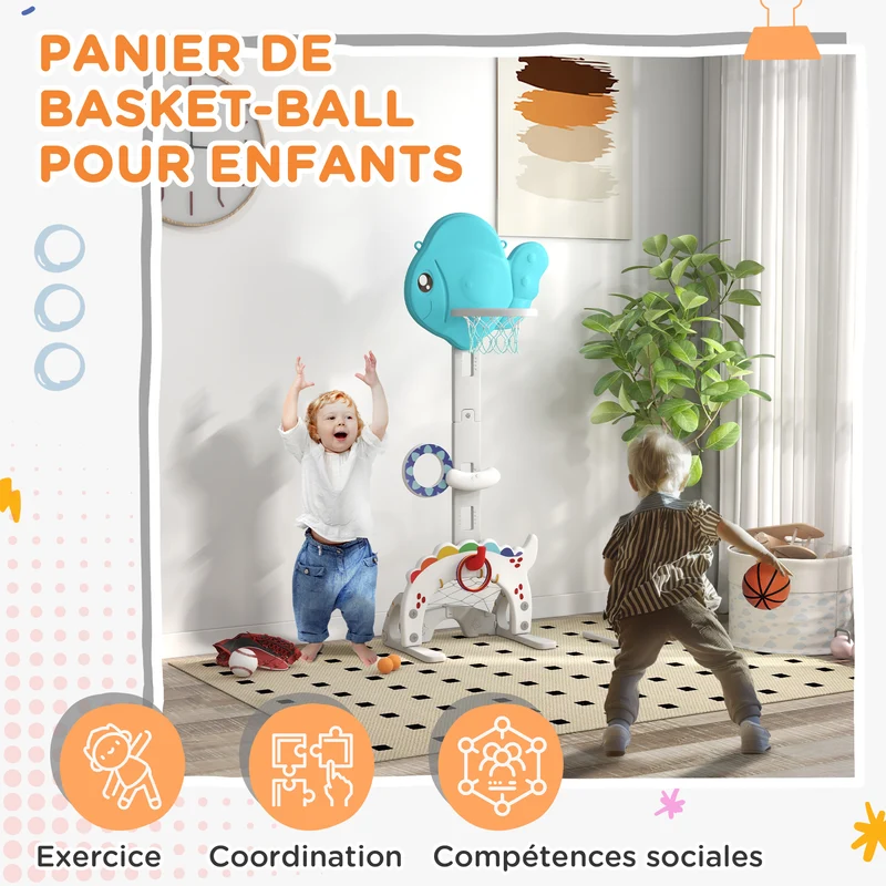 Panier de basket 5 en 1 pour enfant réglable 46 x 51 x 134-152 cm stabilité sable jeu intérieur ludique idéal en PP bleu 21_0000298