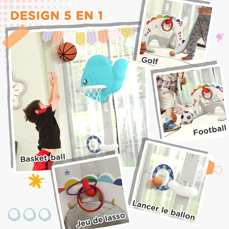 Panier de basket 5 en 1 pour enfant réglable 46 x 51 x 134-152 cm stabilité sable jeu intérieur ludique idéal en PP bleu 21_0000298