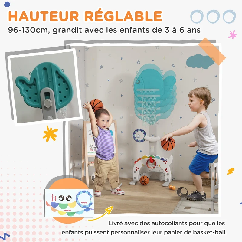Panier de basket 5 en 1 pour enfant réglable 46 x 51 x 134-152 cm stabilité sable jeu intérieur ludique idéal en PP bleu 21_0000298