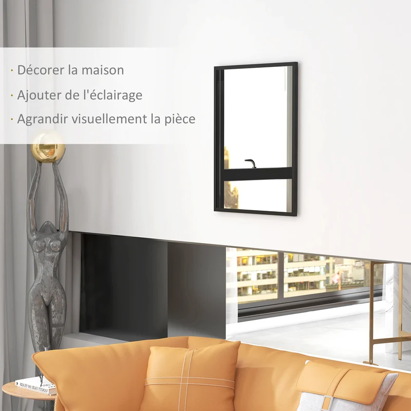Miroir rectangulaire mural 80 x 60 cm illumine et agrandit l'espace design contemporain épuré fixation facile en MDF noir 21_0001357