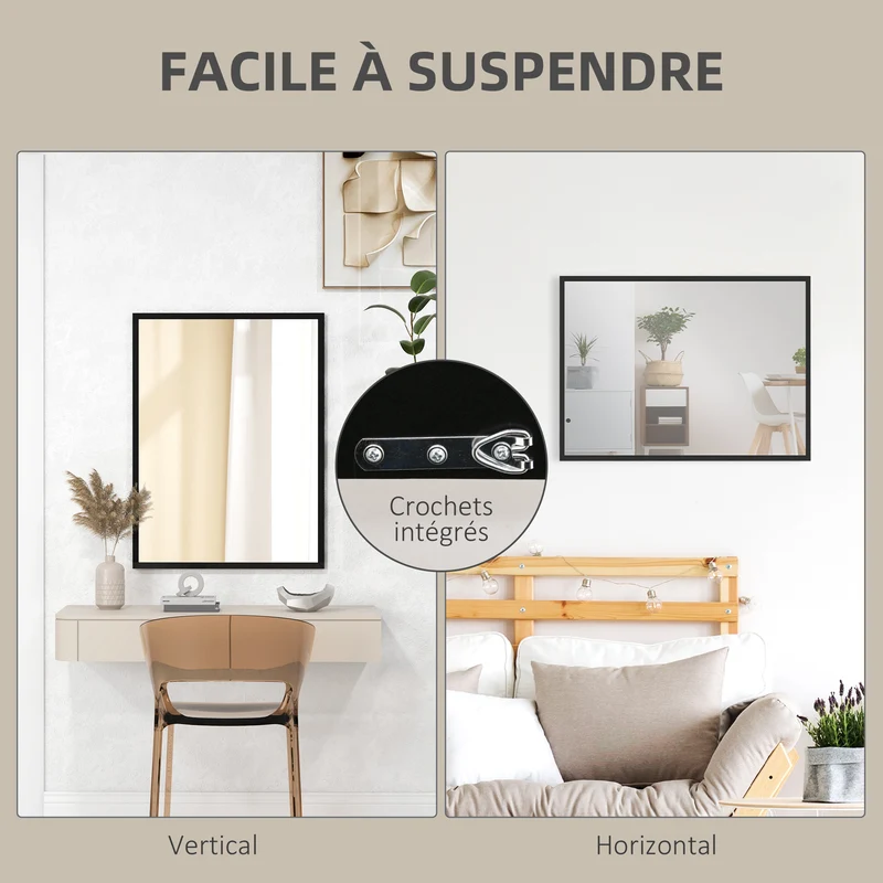 Miroir rectangulaire mural 80 x 60 cm illumine et agrandit l'espace design contemporain épuré fixation facile en MDF noir 21_0001357