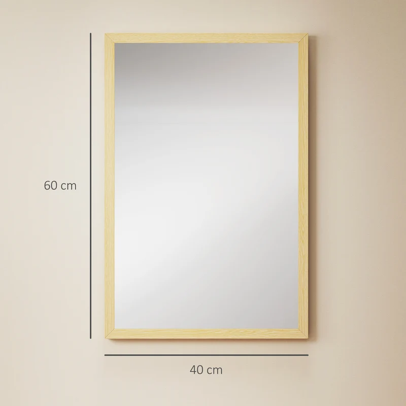 Miroir mural rectangulaire 60 x 40 cm illumine fixation double polyvalent pour entrée moderne épuré en MDF bois naturel 21_0001354
