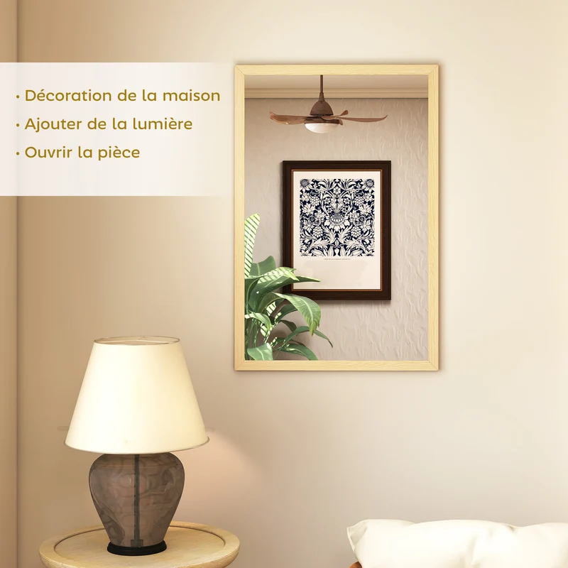 Miroir mural rectangulaire 60 x 40 cm illumine fixation double polyvalent pour entrée moderne épuré en MDF bois naturel 21_0001354