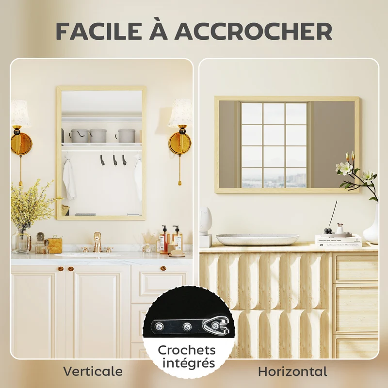 Miroir mural rectangulaire 60 x 40 cm illumine fixation double polyvalent pour entrée moderne épuré en MDF bois naturel 21_0001354
