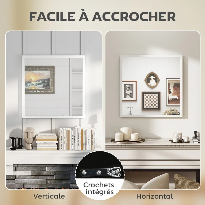 Miroir mural carré 50 x 50 x 2 cm pose horizontale et verticale illumine et agrandit moderne épuré salon en MDF blanc 21_0001352