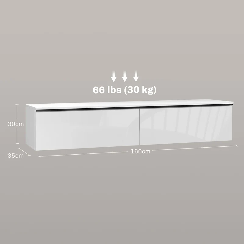 Meuble téléviseur 160 x 35 x 30 cm gain de place 2 placards portes basculantes moderne en panneau de particules blanc 21_0003084