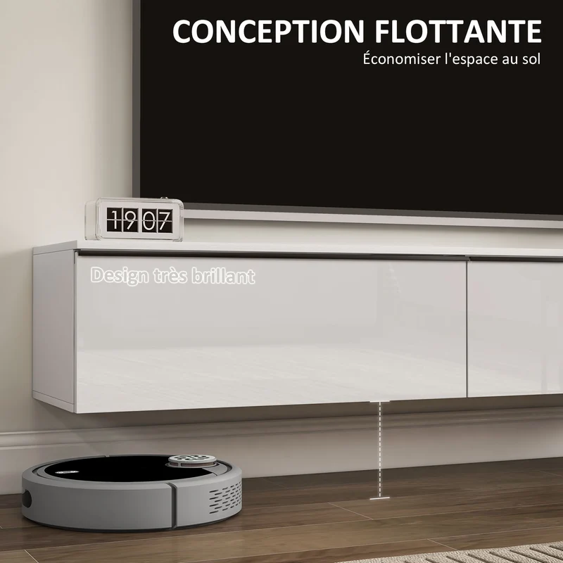 Meuble téléviseur 160 x 35 x 30 cm gain de place 2 placards portes basculantes moderne en panneau de particules blanc 21_0003084