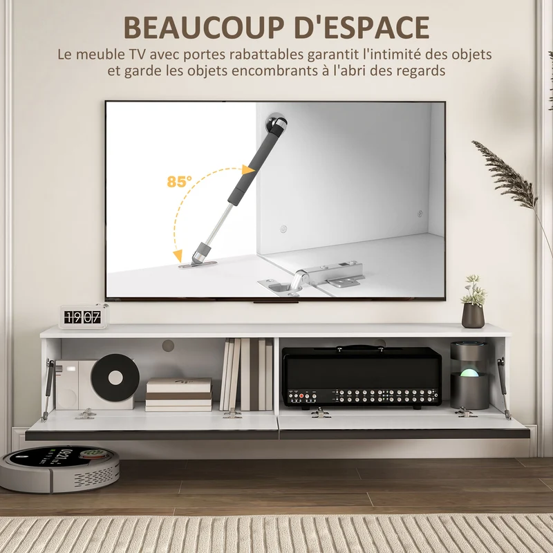Meuble téléviseur 160 x 35 x 30 cm gain de place 2 placards portes basculantes moderne en panneau de particules blanc 21_0003084