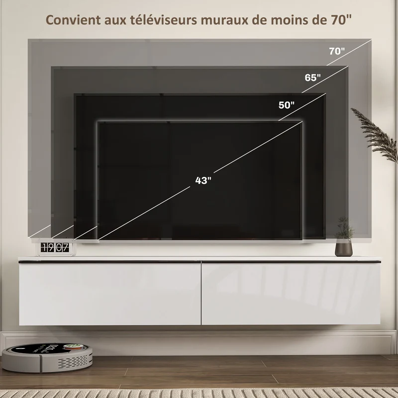 Meuble téléviseur 160 x 35 x 30 cm gain de place 2 placards portes basculantes moderne en panneau de particules blanc 21_0003084