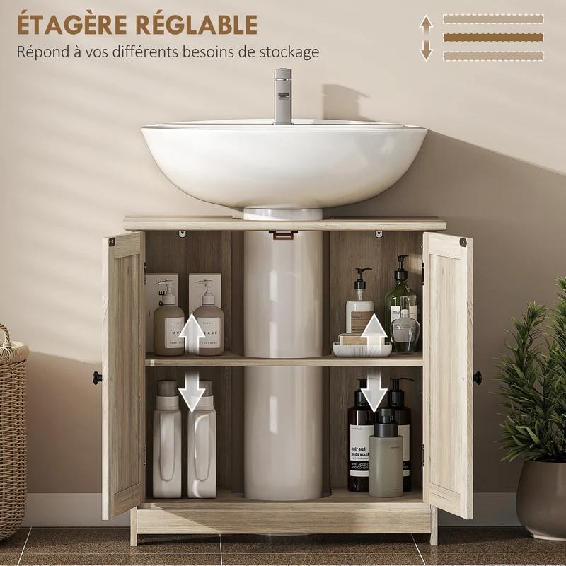 Meuble sous lavabo 60 x 30 x 60 cm rangement optimisé étagère réglable moderne contemporain finition mate en MDF gris 21_0001844
