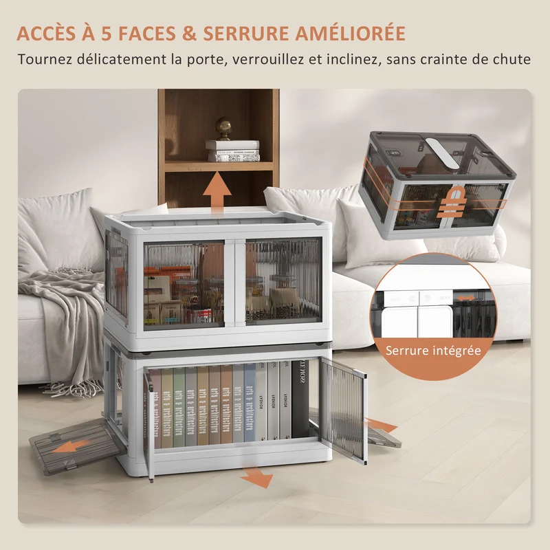 Lot de 3 bacs pliables salon bureau voiture 60 x 42 x 34 cm accès 5 côtés roulettes design épuré en polypropylène blanc 21_0002933