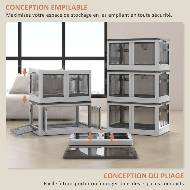 Lot de 3 bacs pliables salon bureau voiture 60 x 42 x 34 cm accès 5 côtés roulettes design épuré en polypropylène blanc 21_0002933