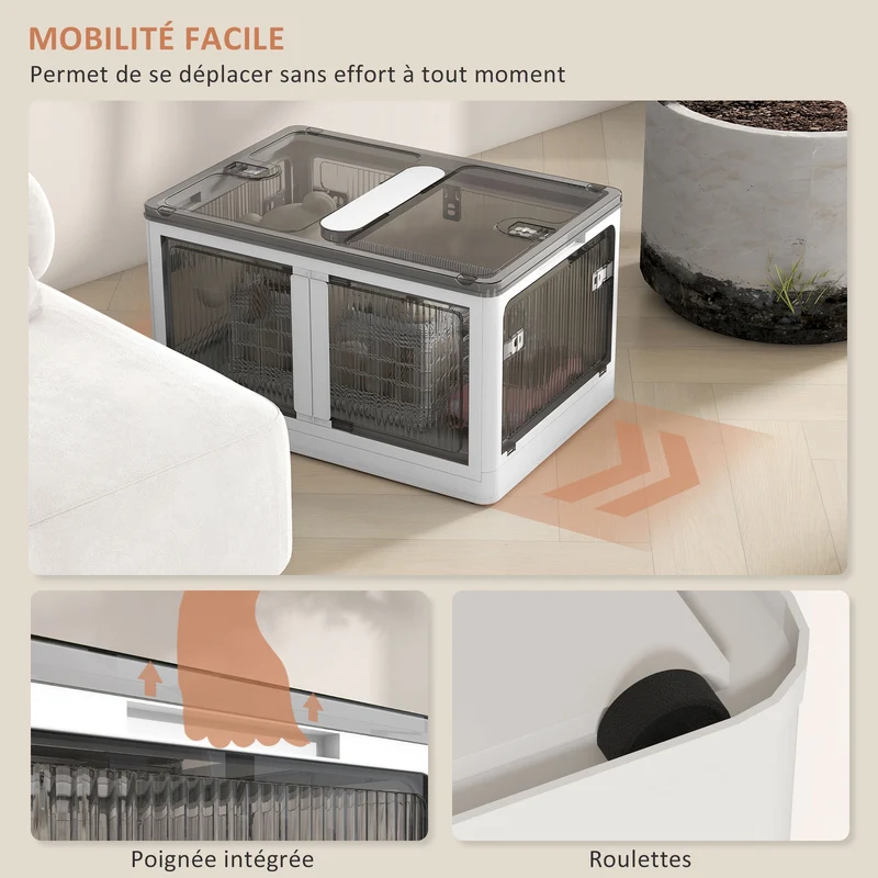 Lot de 3 bacs pliables salon bureau voiture 60 x 42 x 34 cm accès 5 côtés roulettes design épuré en polypropylène blanc 21_0002933