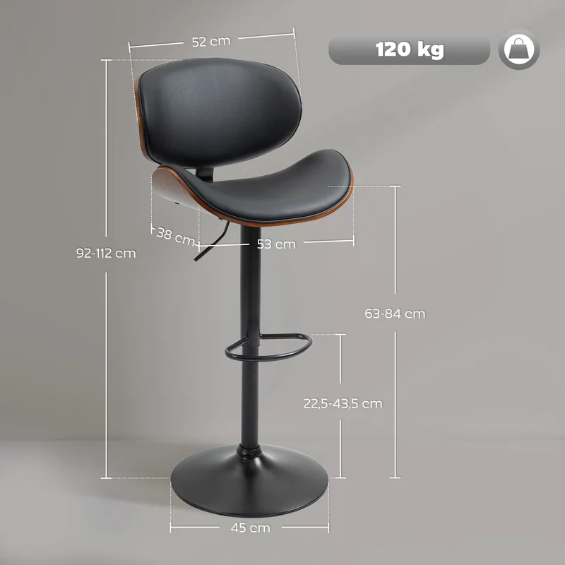 Lot de 2 tabourets de bar 53 x 52 x 92-112 cm assise ergonomique réglable vintage contemporain cuisine salon en PU noir 21_0002304