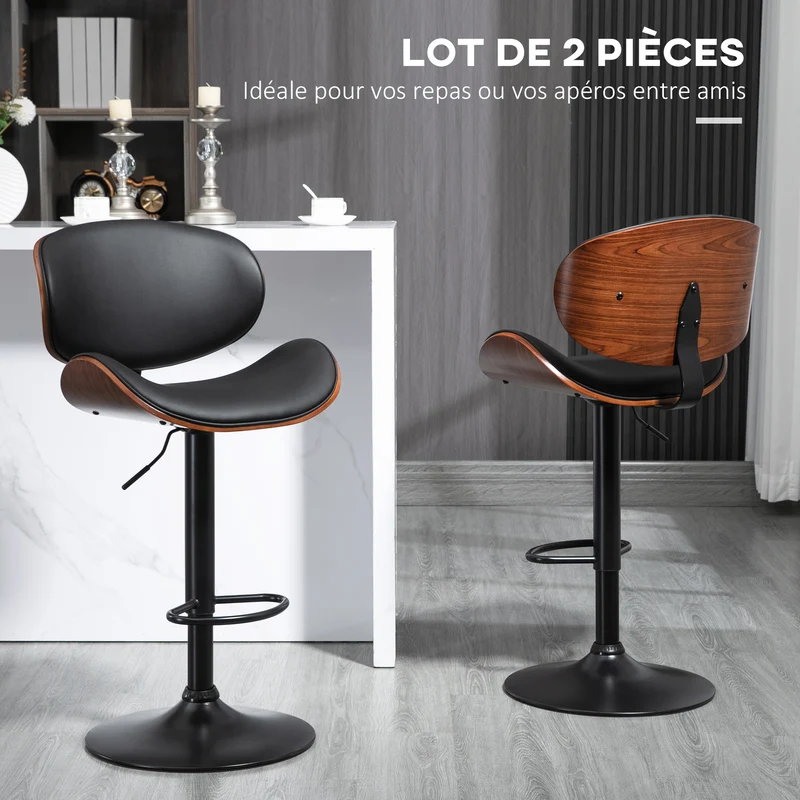 Lot de 2 tabourets de bar 53 x 52 x 92-112 cm assise ergonomique réglable vintage contemporain cuisine salon en PU noir 21_0002304