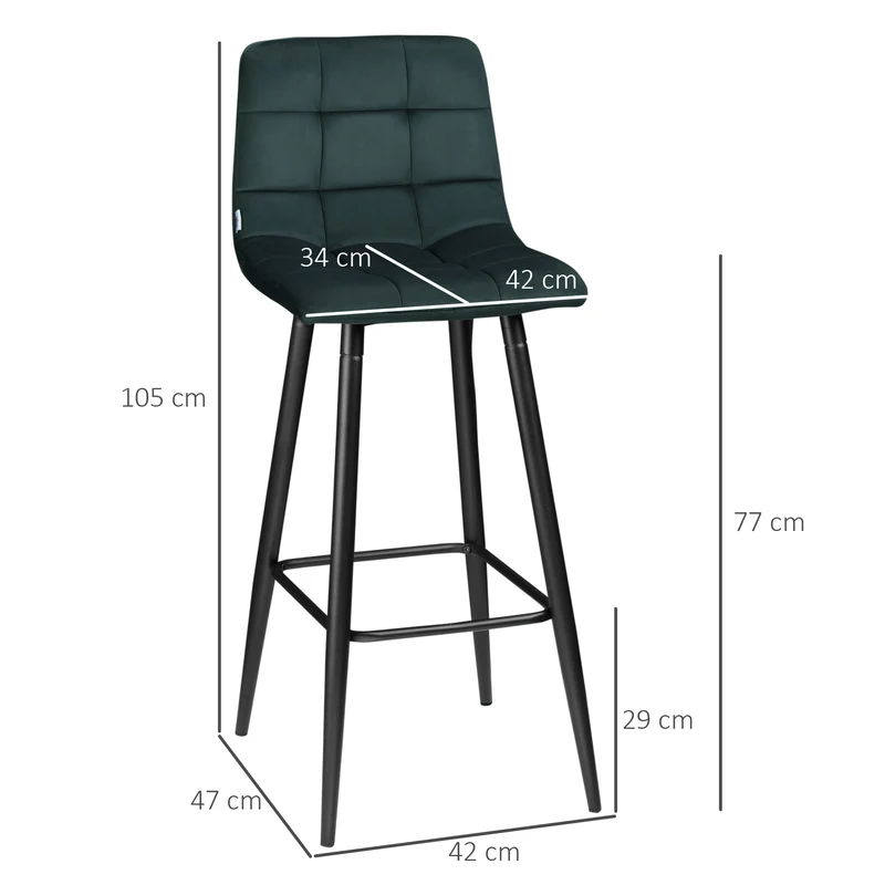 Lot de 2 tabourets de bar 42 x 55 x 103 cm confort dossier rembourré pied métal noir scandinave en tissu vert foncé 21_0002294