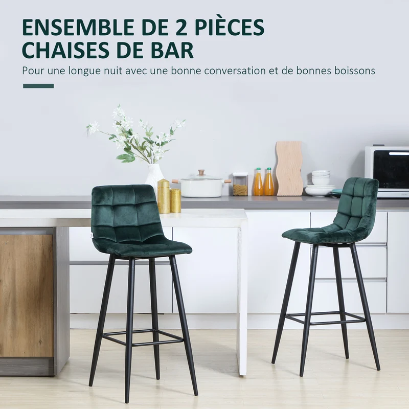 Lot de 2 tabourets de bar 42 x 55 x 103 cm confort dossier rembourré pied métal noir scandinave en tissu vert foncé 21_0002294