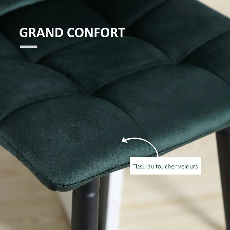 Lot de 2 tabourets de bar 42 x 55 x 103 cm confort dossier rembourré pied métal noir scandinave en tissu vert foncé 21_0002294